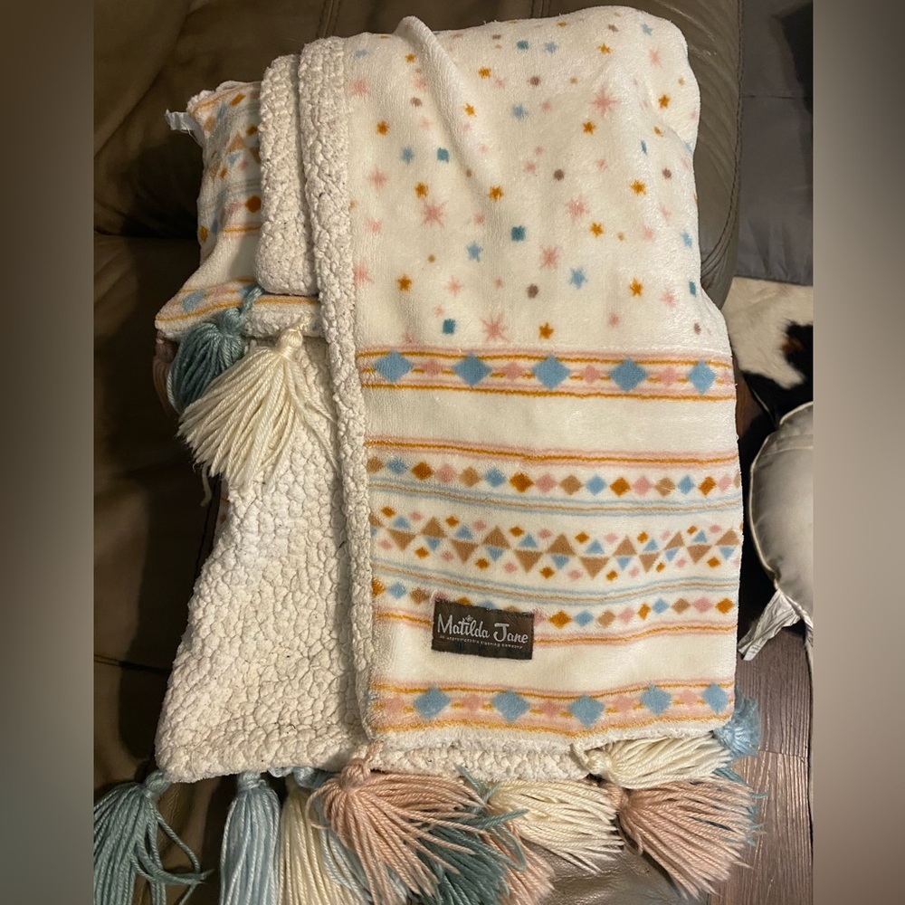 Matilda Jane Cream and Blue Patterned Throw Blanket